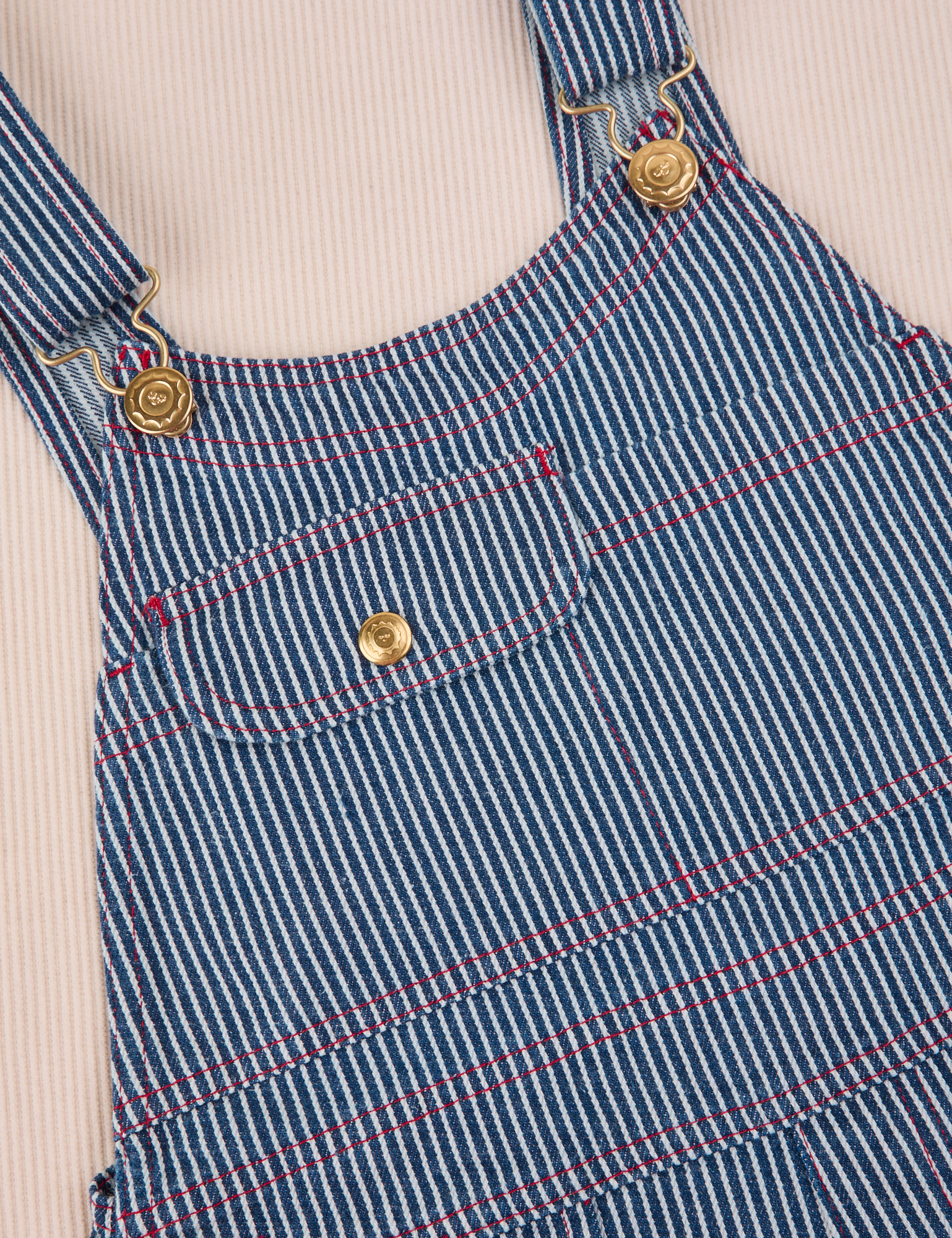 Close up of Carpenter Overalls in Railroad. Red stitching and brass details.