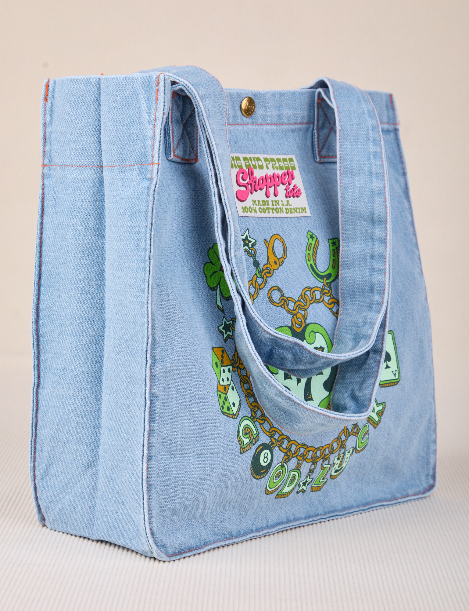 Angled view of Shopper Tote in Lucky Charm