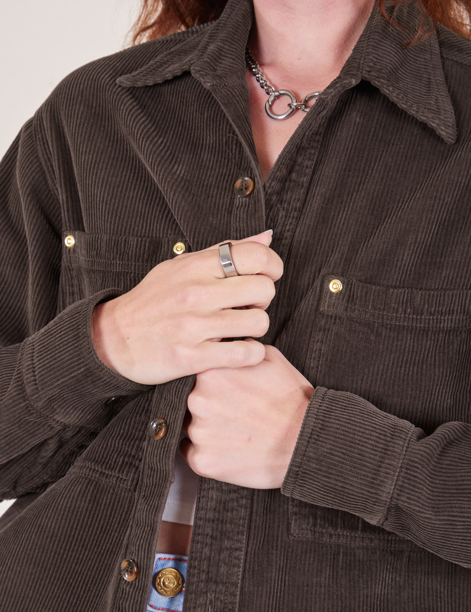 Corduroy Overshirt in Espresso Brown front close up on Alex