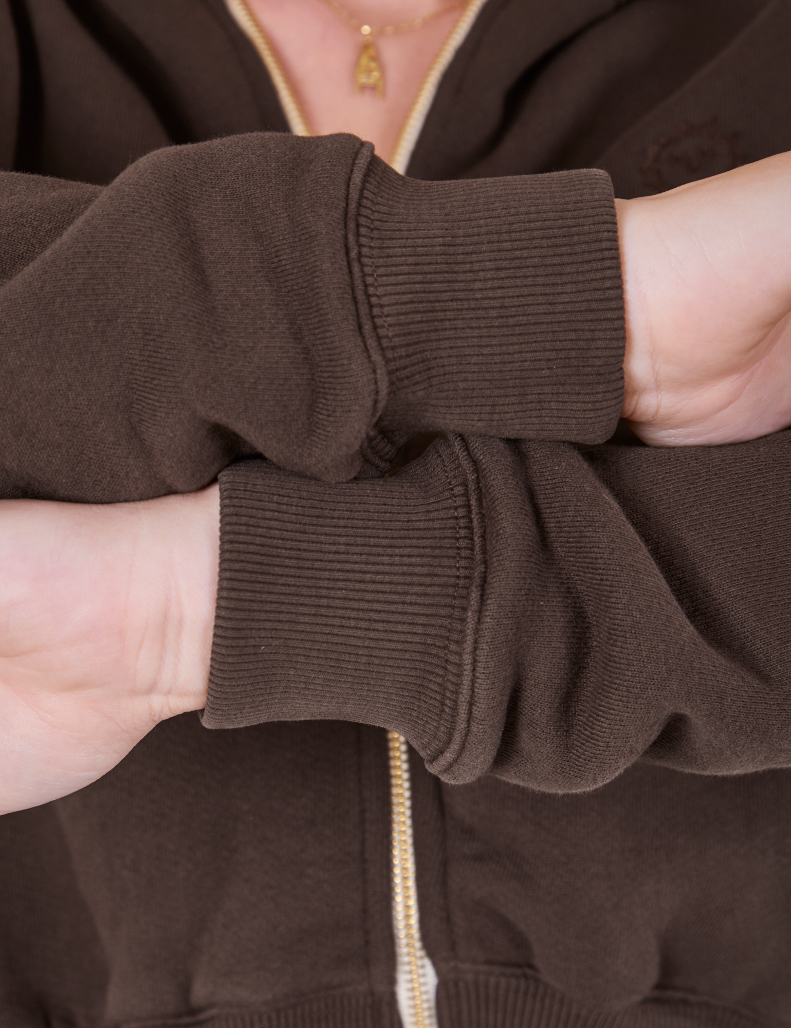 Cropped Zip Hoodie in Espresso Brown sleeve close up on Ashley