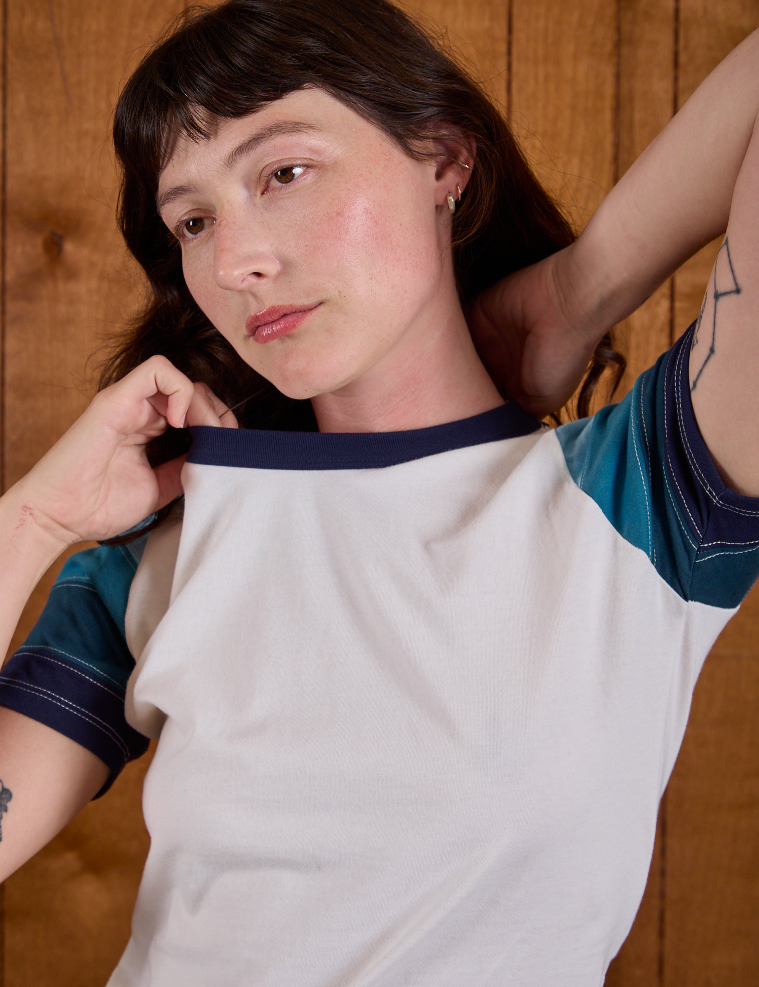 Front close up of Calypso Tee in Ocean on Alex