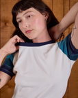 Front close up of Calypso Tee in Ocean on Alex