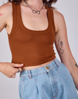 Cropped Tank Top in Burnt Terracotta close up on Alex