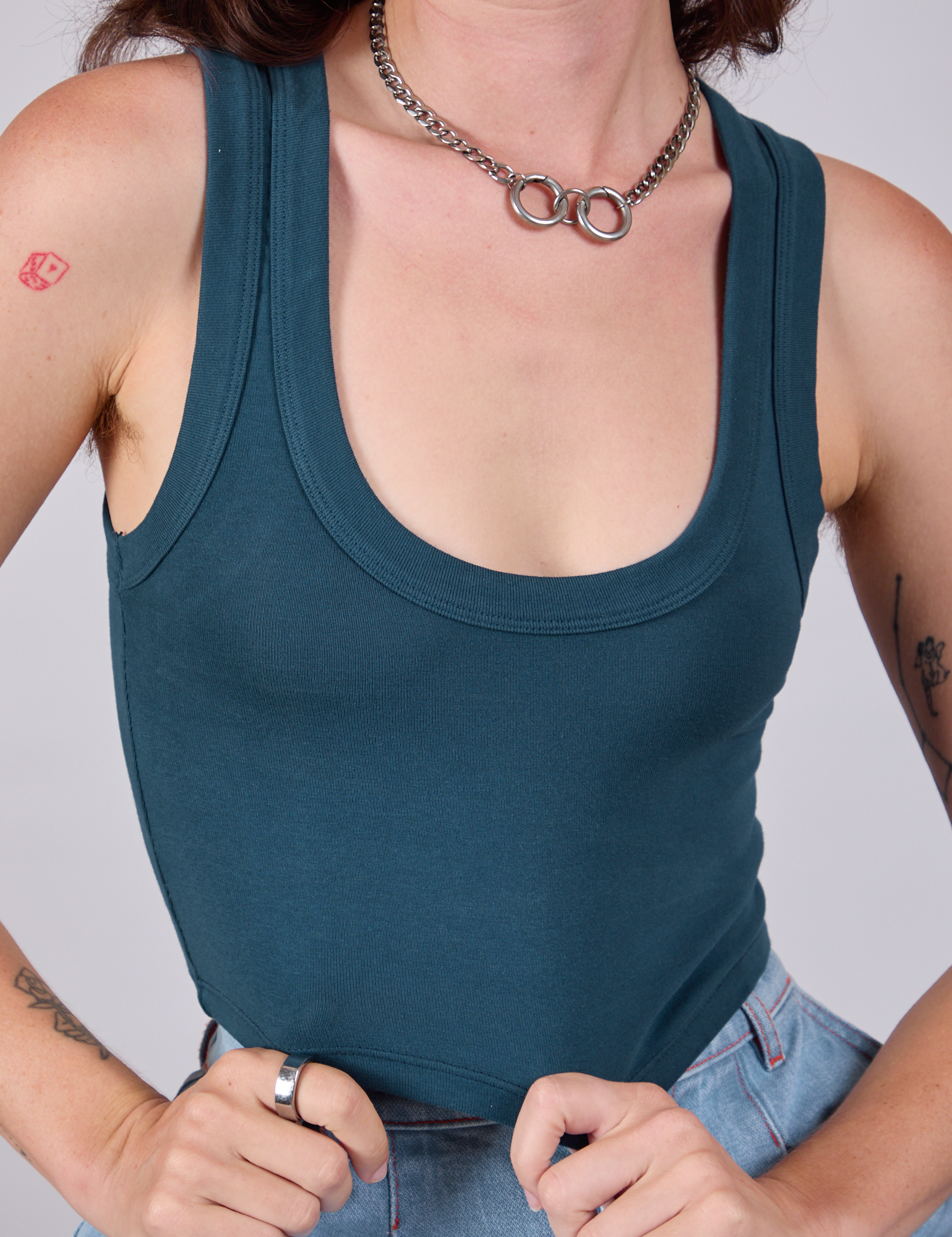 Cropped Tank Top in Lagoon front close up on Alex