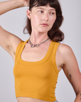 Cropped Tank Top in Mustard Yellow close up on Alex