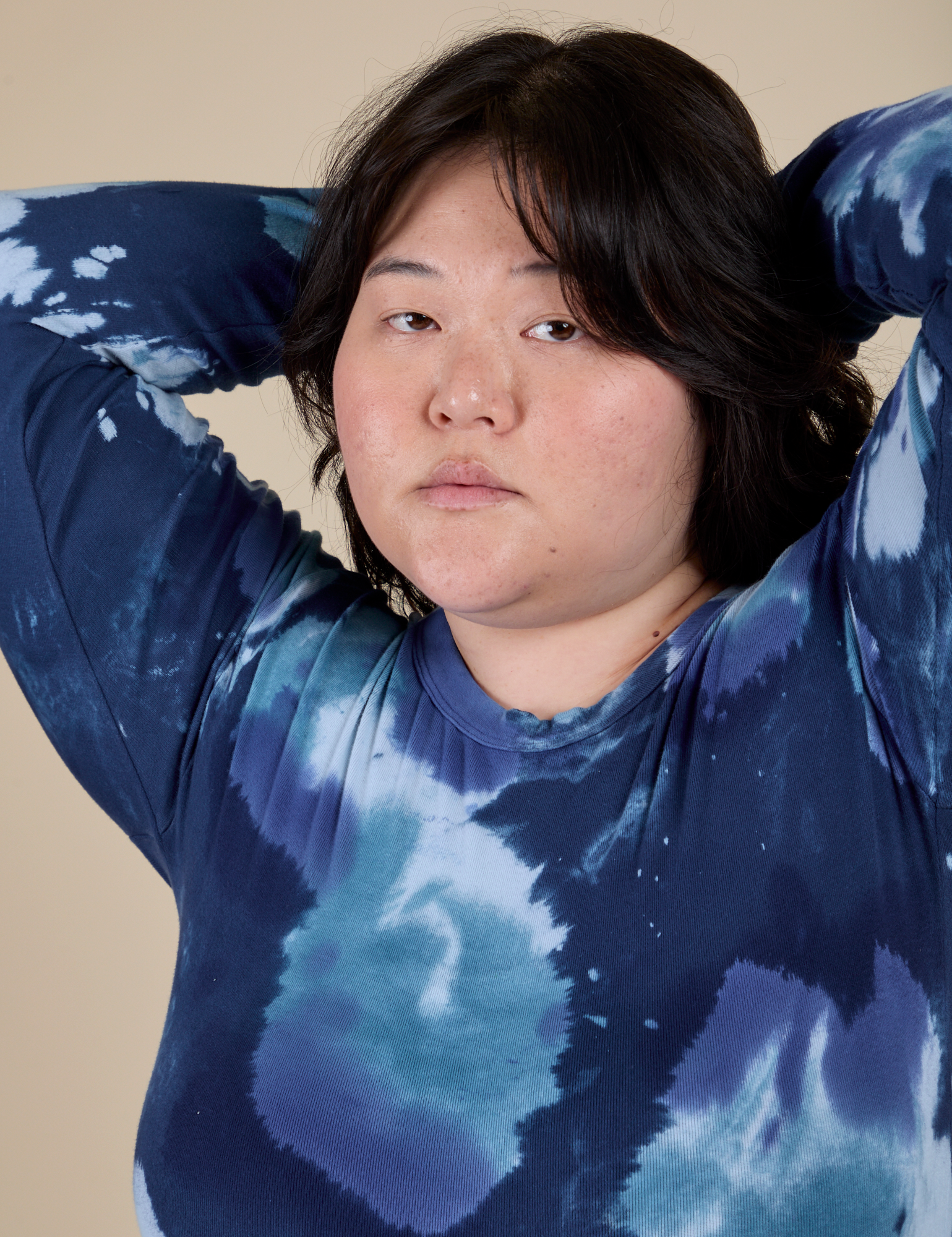 Long Sleeve Baby Tee in Blue Magic Waters front close up on Ashley