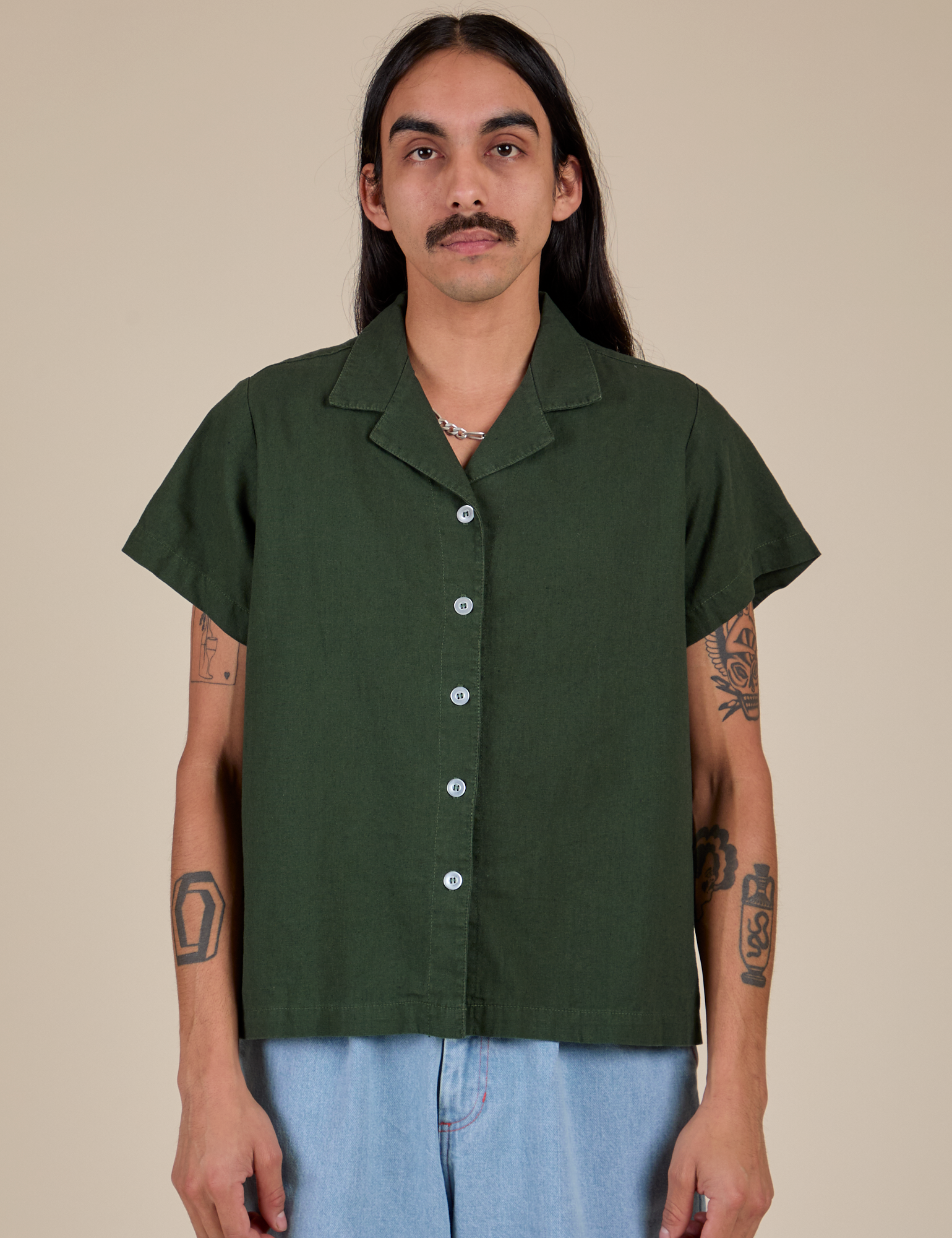 Buttoned up Pantry Button-Up in Swamp Green on Anthony