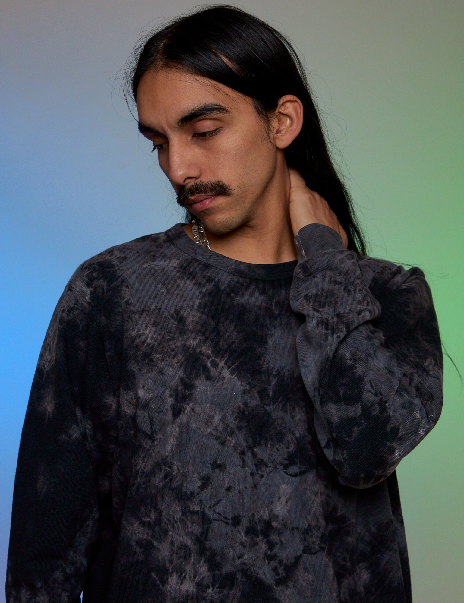 Magic Waters Long Sleeve Burly Tee in Black front close up on Anthony