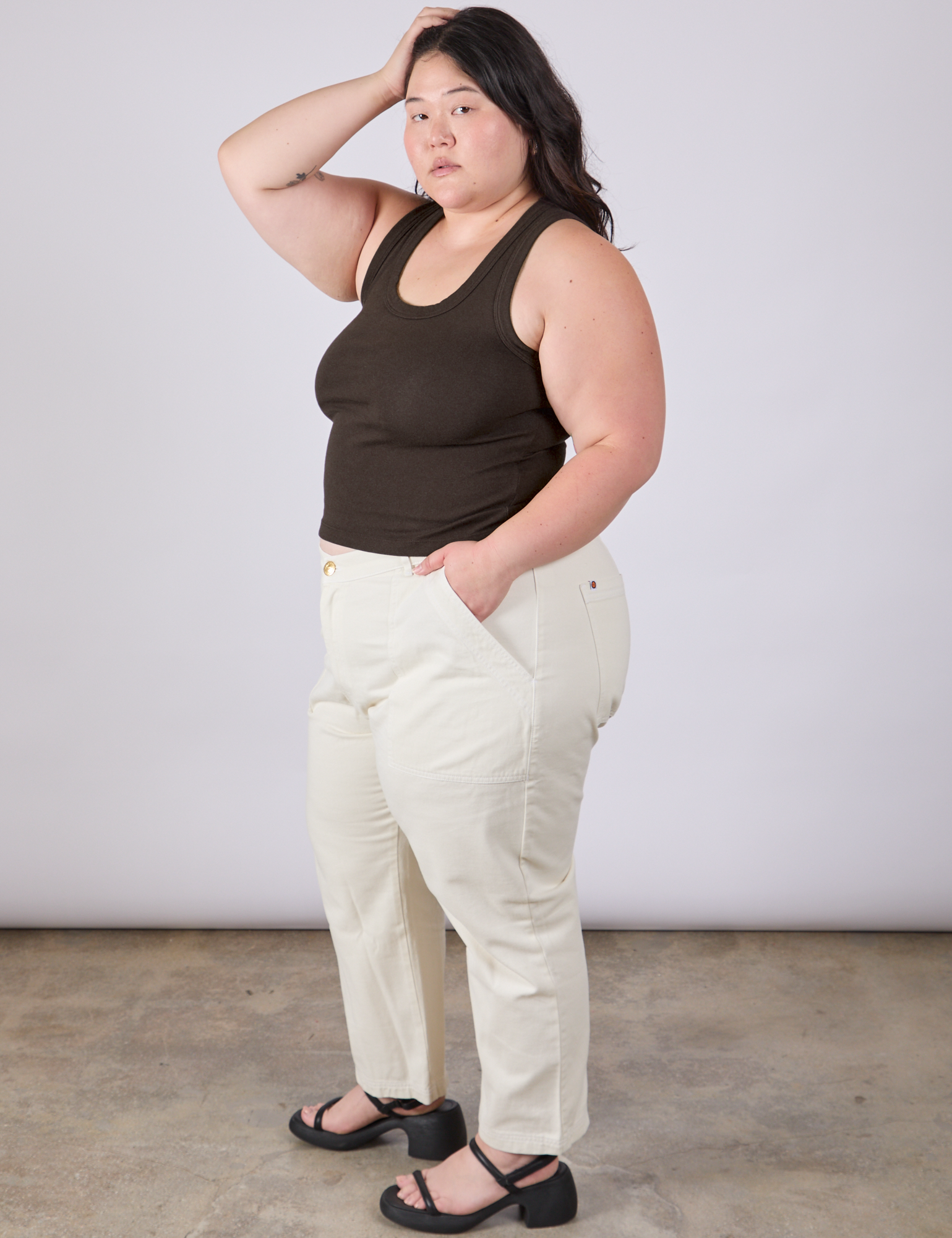 Side view of Tank Top in Espresso Brown and vintage tee off-white Work Pants