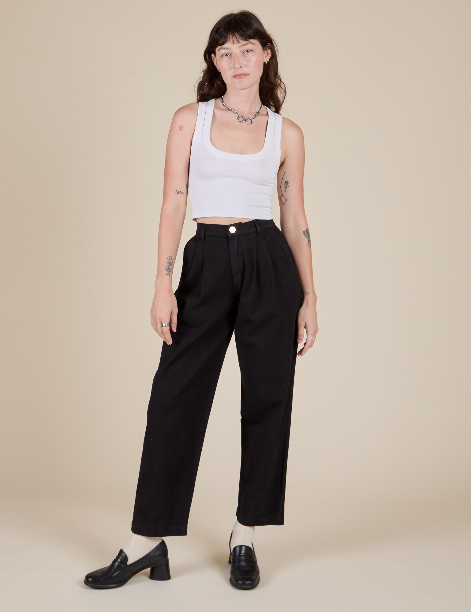 Heavyweight Trousers in Basic Black and vintage tee white Cropped Tank on Alex