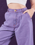 Overdyed Wide Leg Trousers in Faded Grape front close up on Alex