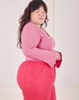 Side view of Bell Sleeve Top in Bubblegum Pink and hot pink Work Pants worn by Ashley