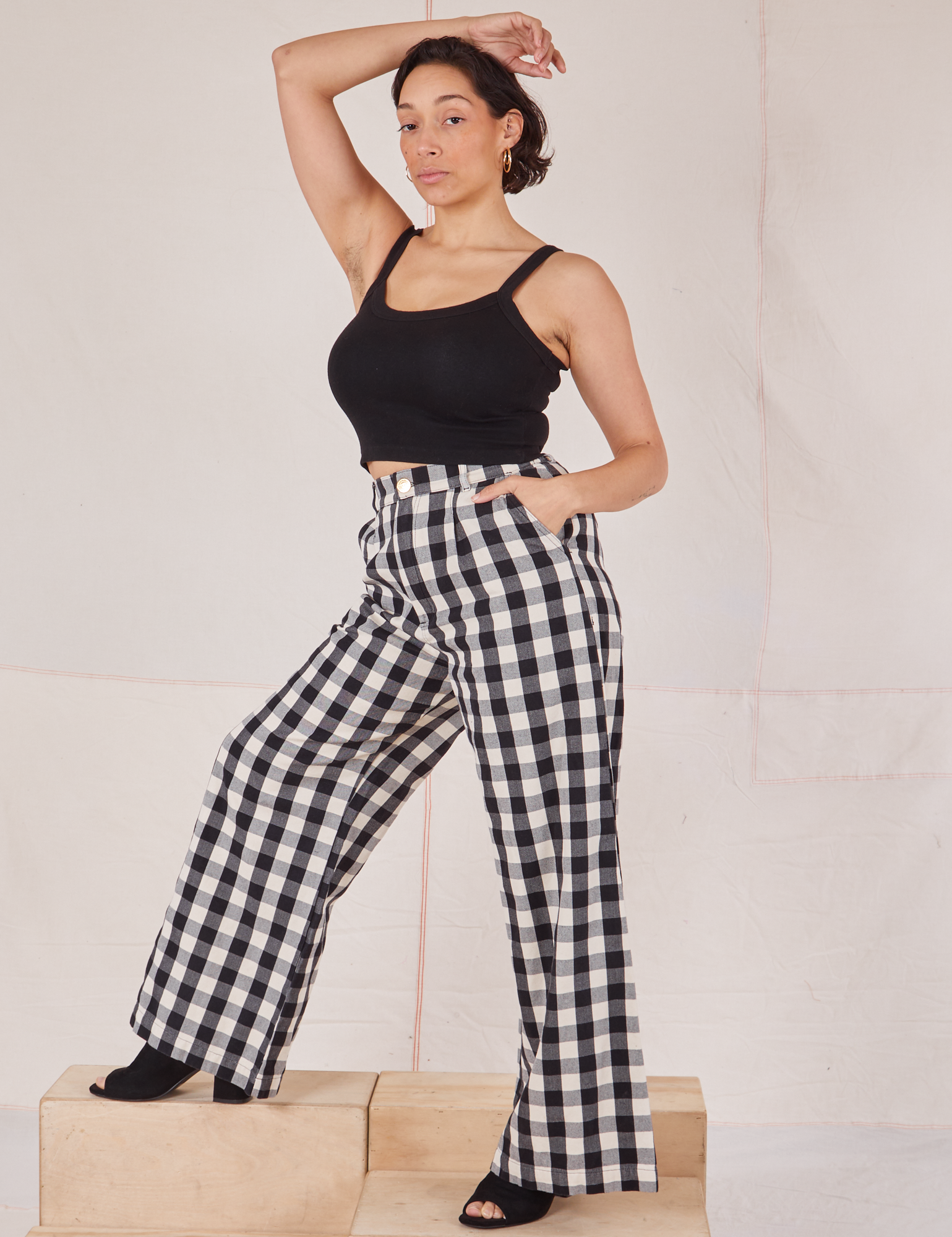 Side view of Wide Leg Trousers in Big Gingham and black Cropped Cami on Tiara