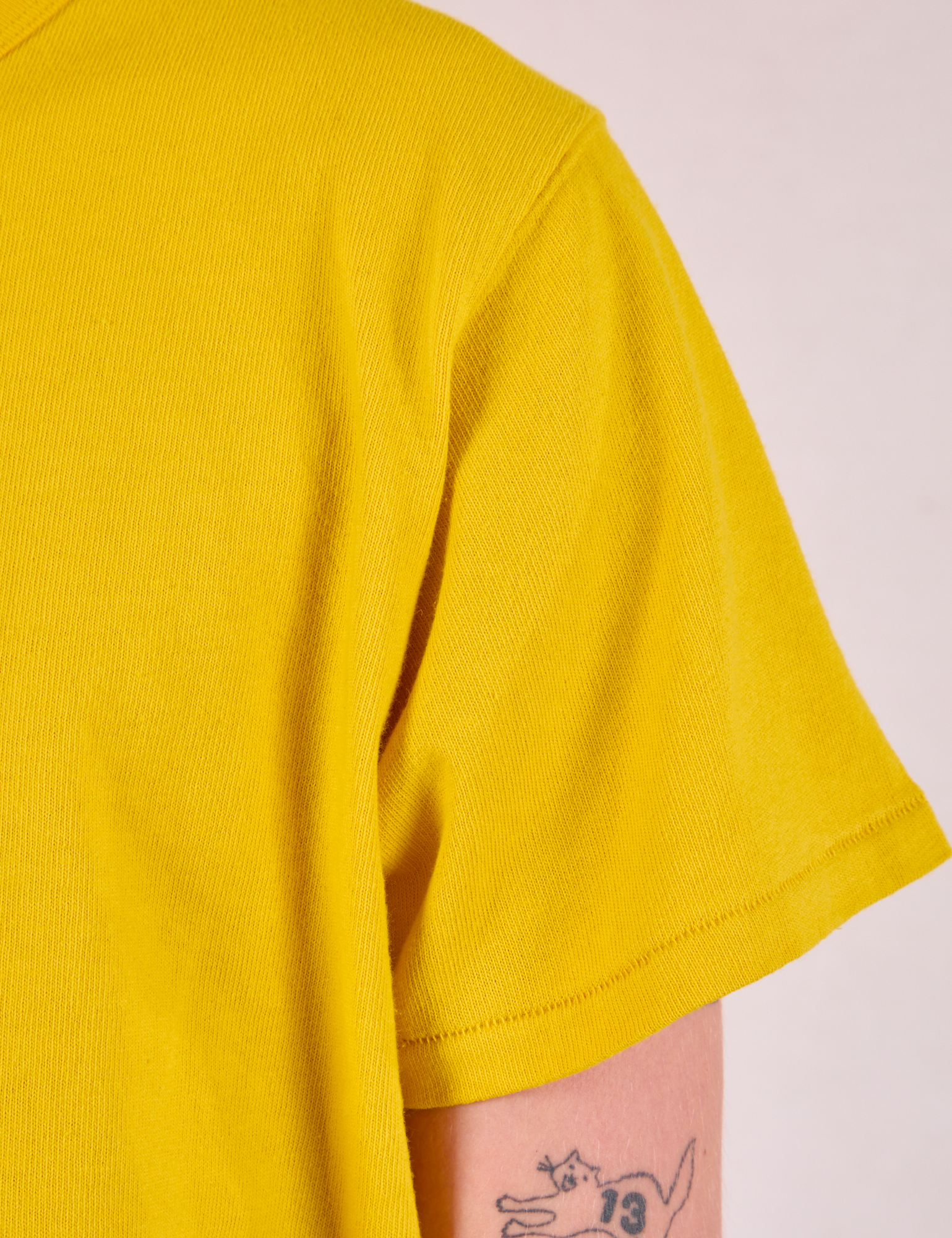 Burly Tee in Golden Yellow sleeve close up on Quinn