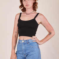 Alex is wearing Cropped Cami in Basic Black and light wash Frontier Jeans
