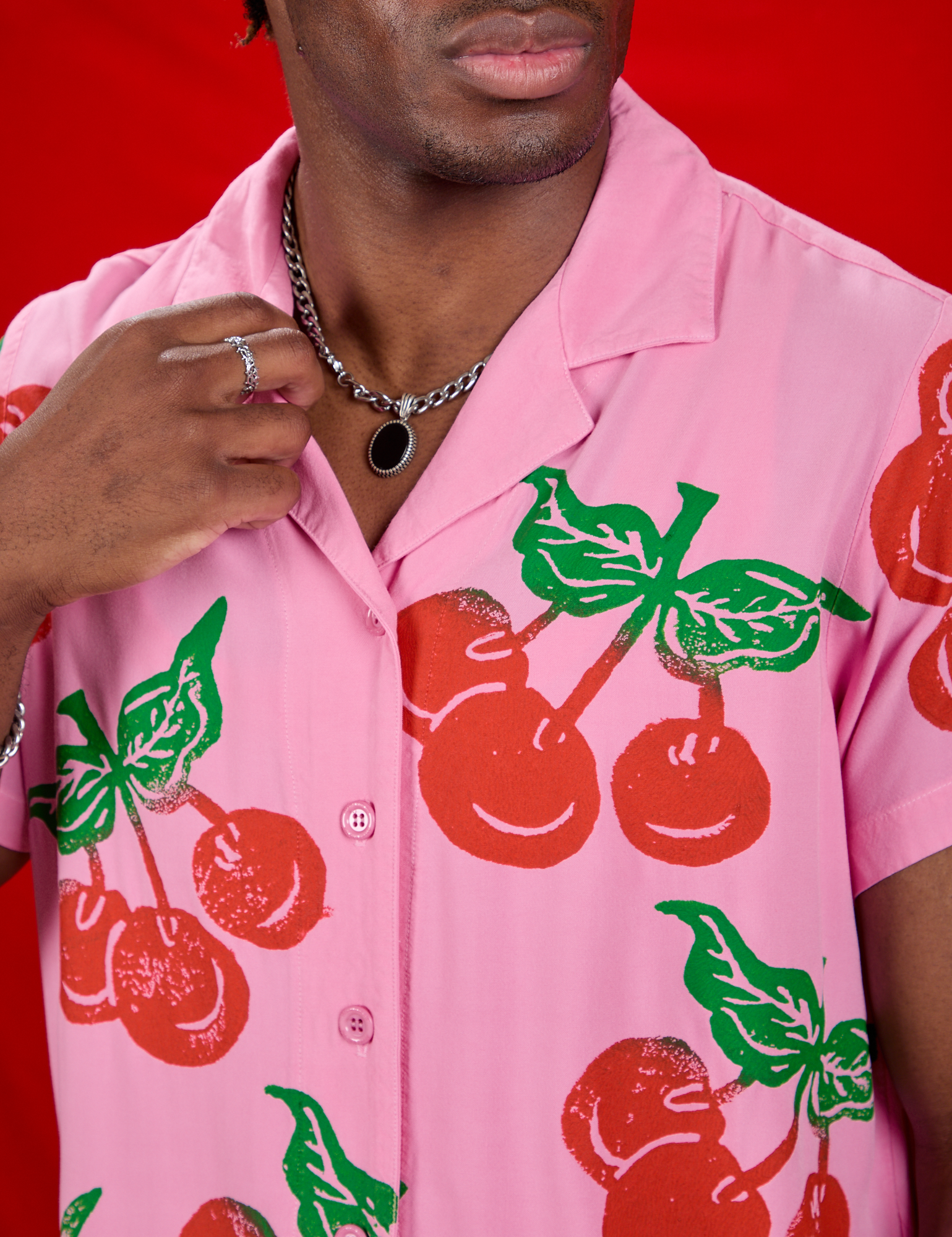 Cherry Pantry Button-Up close up on Isaac