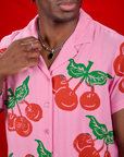 Cherry Pantry Button-Up close up on Isaac