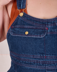 Carpenter Overalls in Dark Wash front close up on Ashley