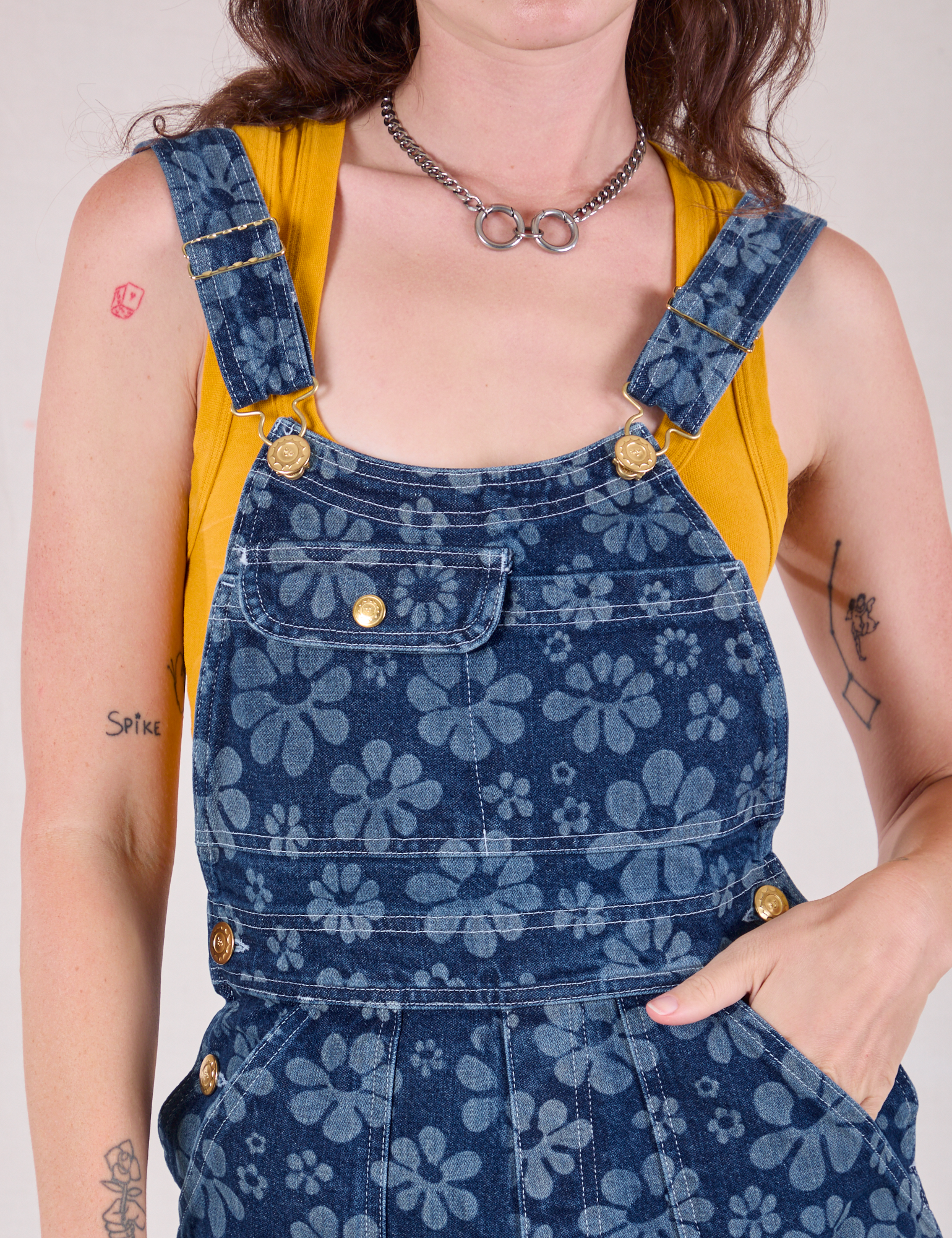 Carpenter Overalls in Lazy Daisy front close up on Alex