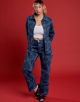 Tiara wearing the Chain Link Work Jacket paired with matching Chain Link Carpenter Jeans