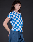 Checker Organic Tee in Blue angled front view on Alex