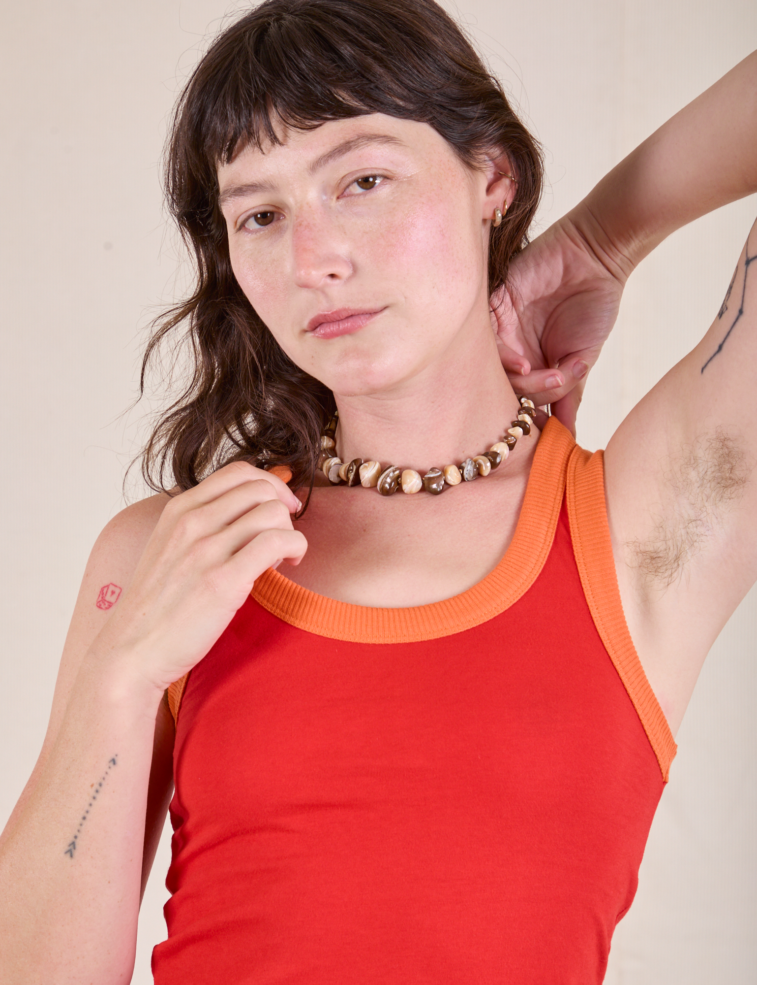 Colorblock Cropped Tank in Mustang Red close up on Alex