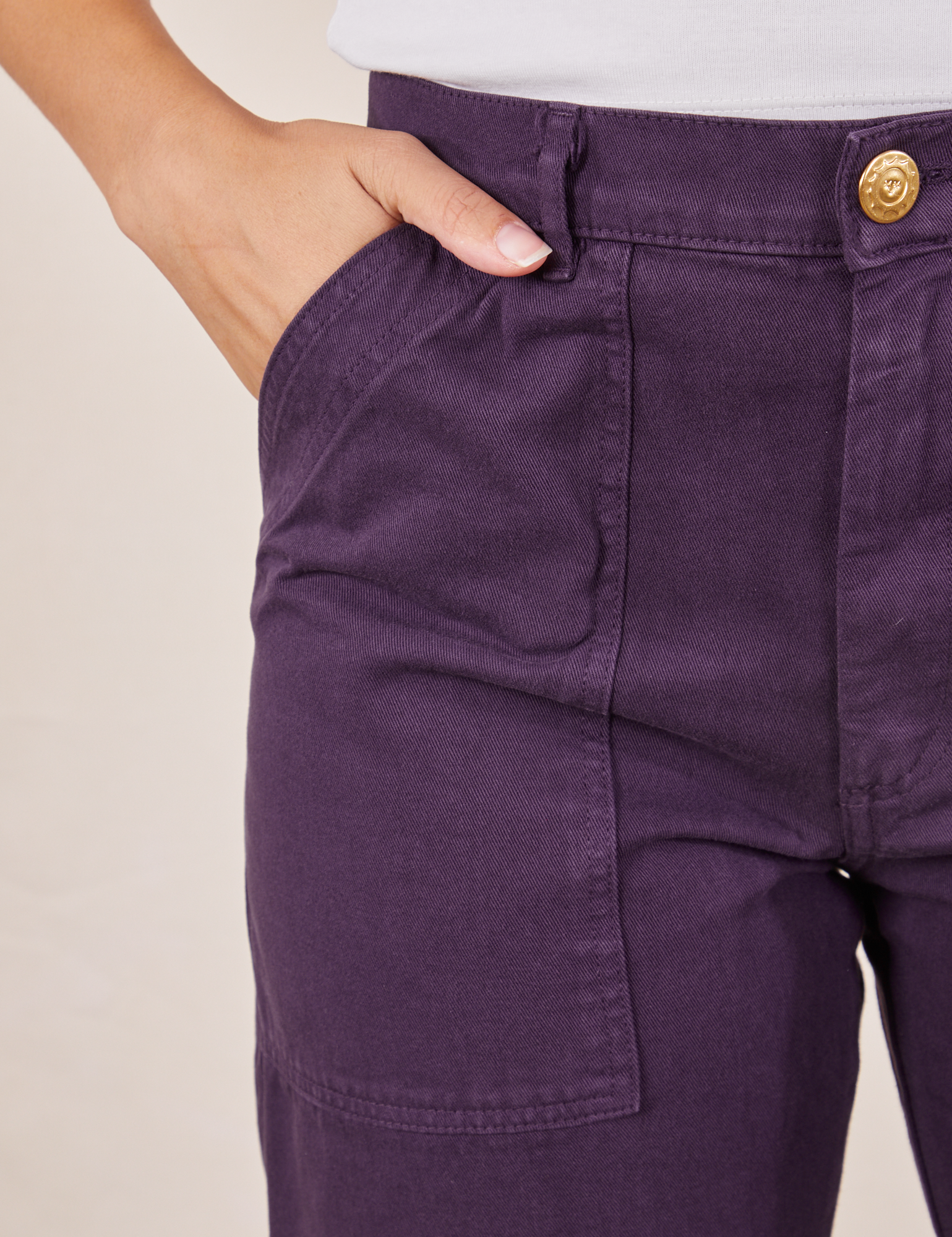 Font close up of Work Pants in Nebula Purple worn by Tiara
