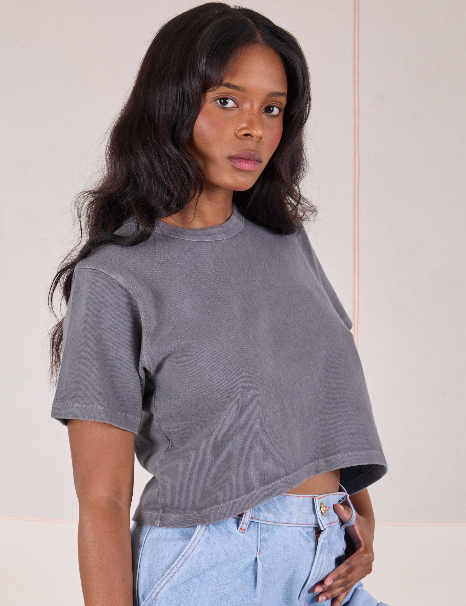 Cropped Burly Tee in Washed Grey angled front view of Cropped Burly Tee in Washed Grey