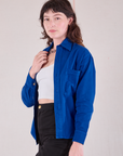 Cropped Overshirt in Royal Blue angled front view on Alex