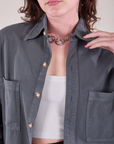 Cropped Overshirt in Slate Grey front close up on Alex