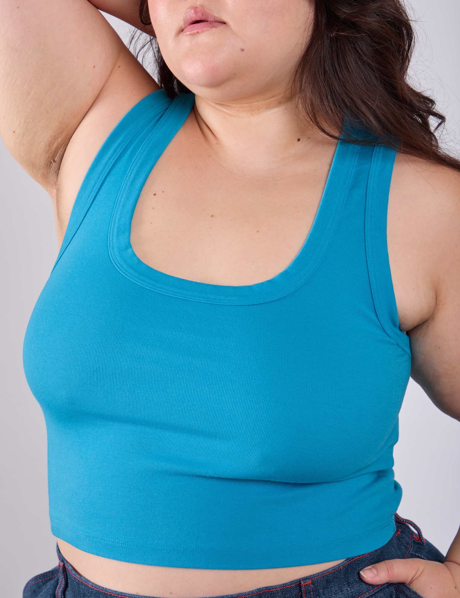 Front close up of Cropped Tank Top in Hawaiian Blue on Ashley