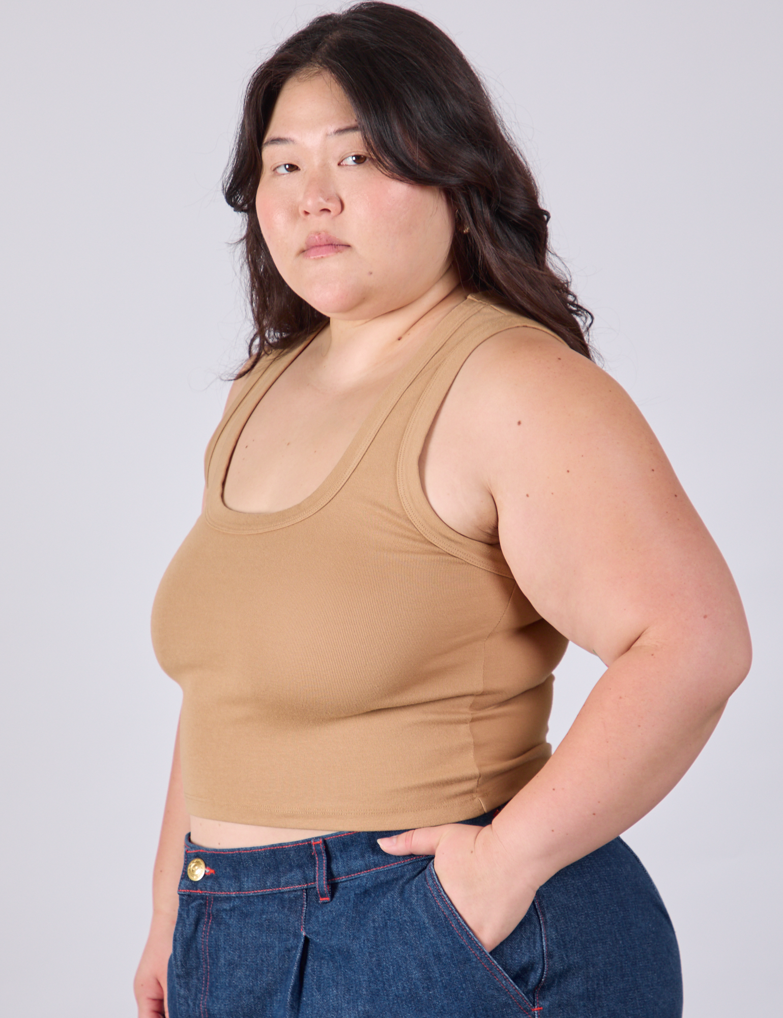 Cropped Tank Top in Tan side view on Ashley