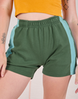 Painted Stripe Easy Shorts in Dark Emerald Green front close up on Alex