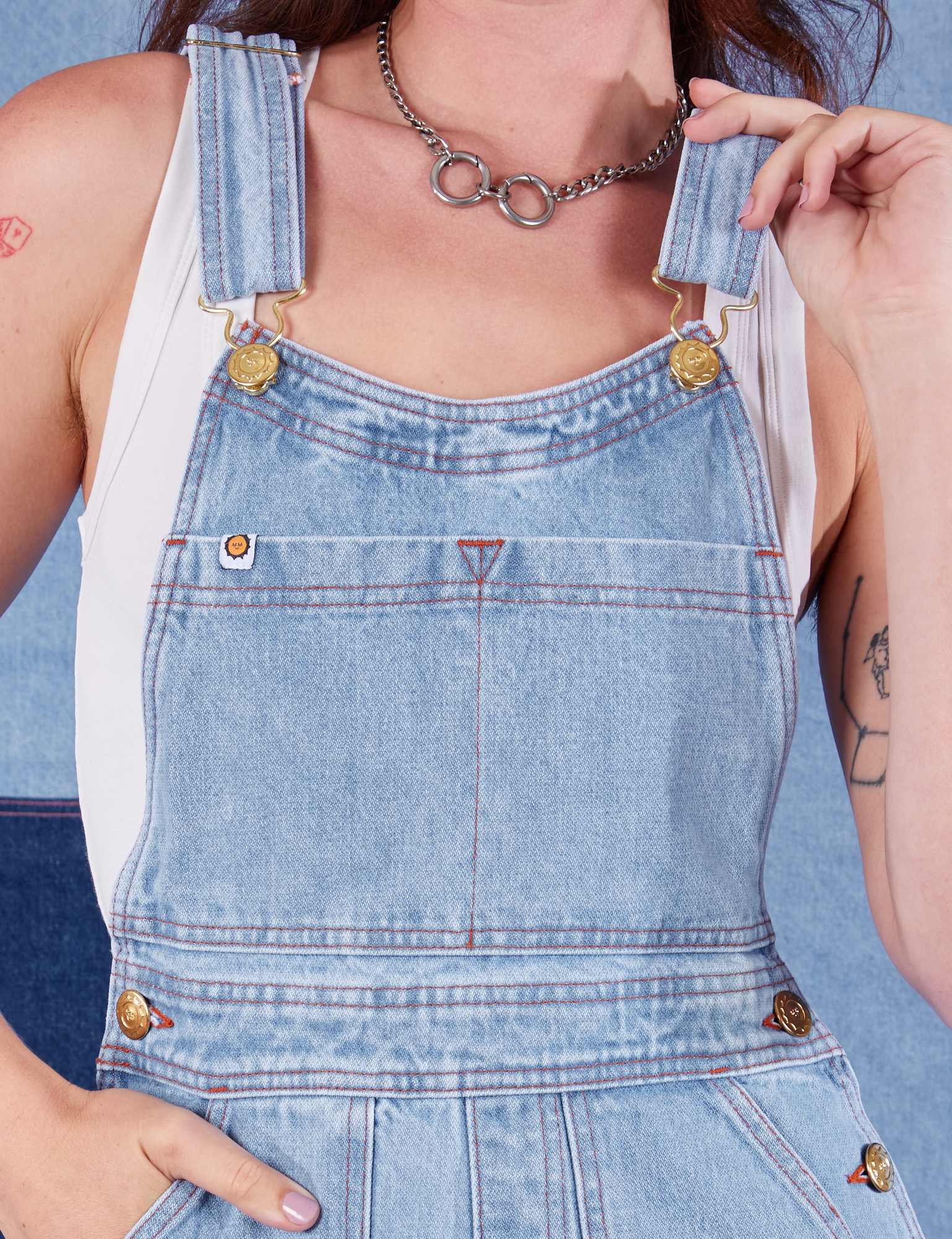 Indigo Denim Original Overalls in Light Wash front close up on Alex