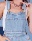 Indigo Denim Original Overalls in Light Wash front close up on Alex