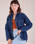 Alex is wearing Denim Overshirt in Dark Wash with a burnt terracotta Cropped Tank