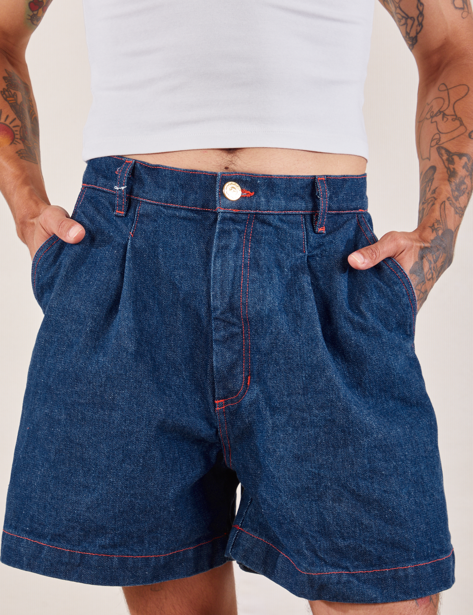 Denim Trouser Shorts in Dark Wash front close up on Jesse