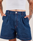 Denim Trouser Shorts in Dark Wash front close up on Jesse