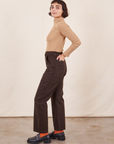 Work Pants in Espresso Brown side view on Soraya wearing tan Essential Turtleneck