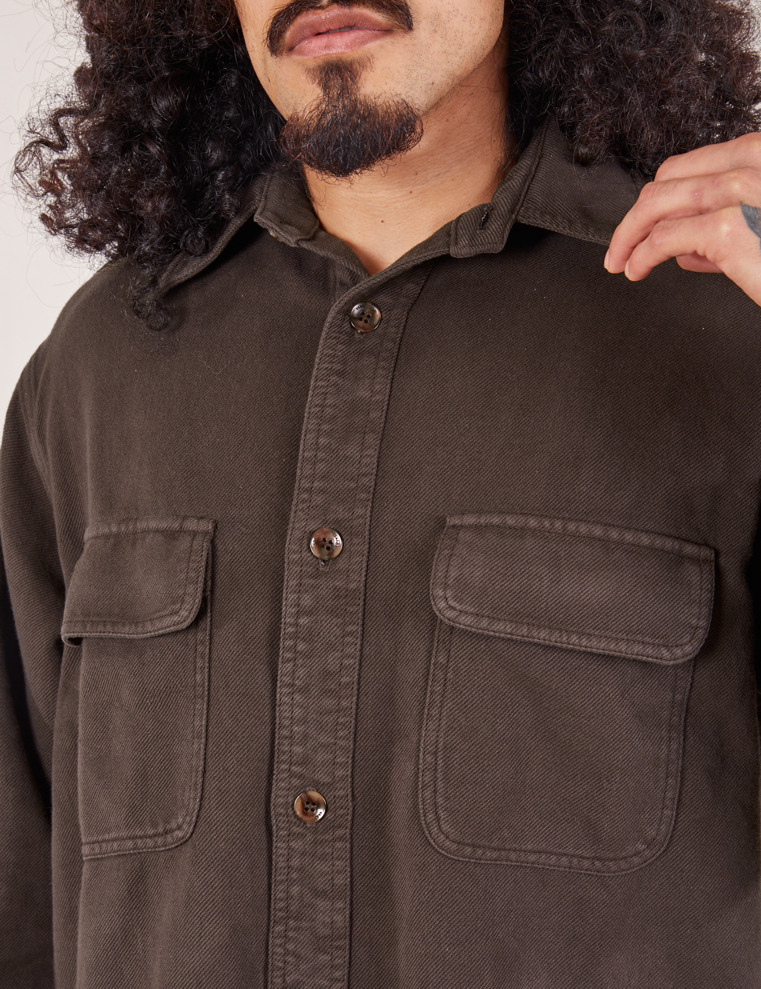 Front close up of Flannel Overshirt in Espresso Brown on Jesse
