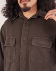 Front close up of Flannel Overshirt in Espresso Brown on Jesse
