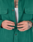 Front close up of Flannel Overshirt in Hunter Green on Jesse