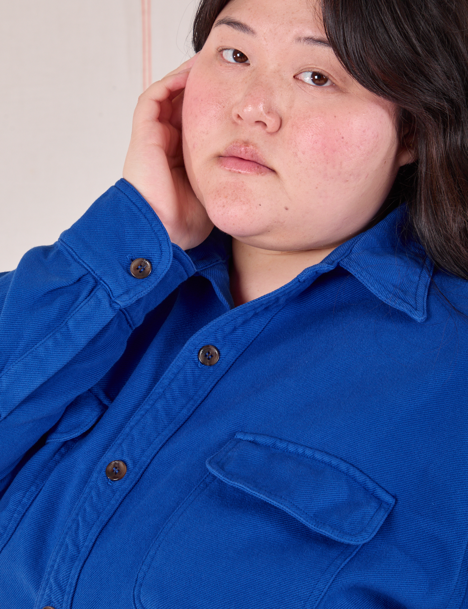 Flannel Overshirt in Royal Blue close up on Ashley