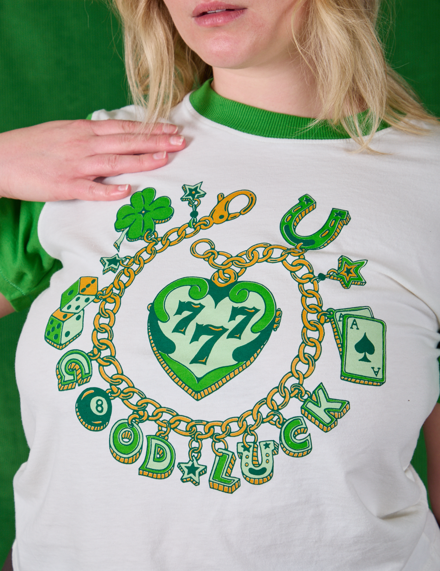 Close up of Lucky Charm Organic Tee on Lish