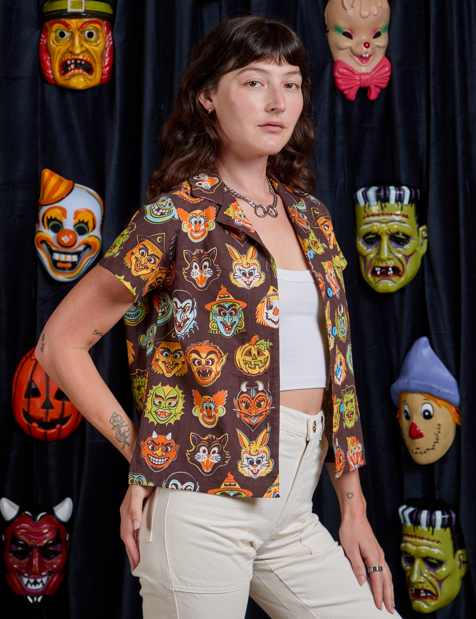 Halloween Masks Pantry Button-Up angled front view on Alex