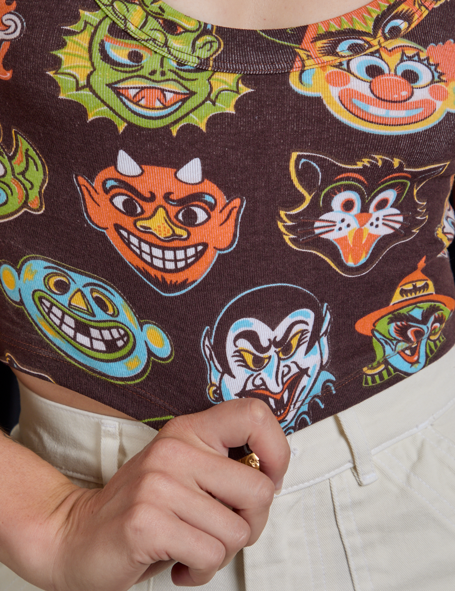 Cropped Tank Top in Halloween Masks front close up on Alex