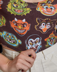 Cropped Tank Top in Halloween Masks front close up on Alex