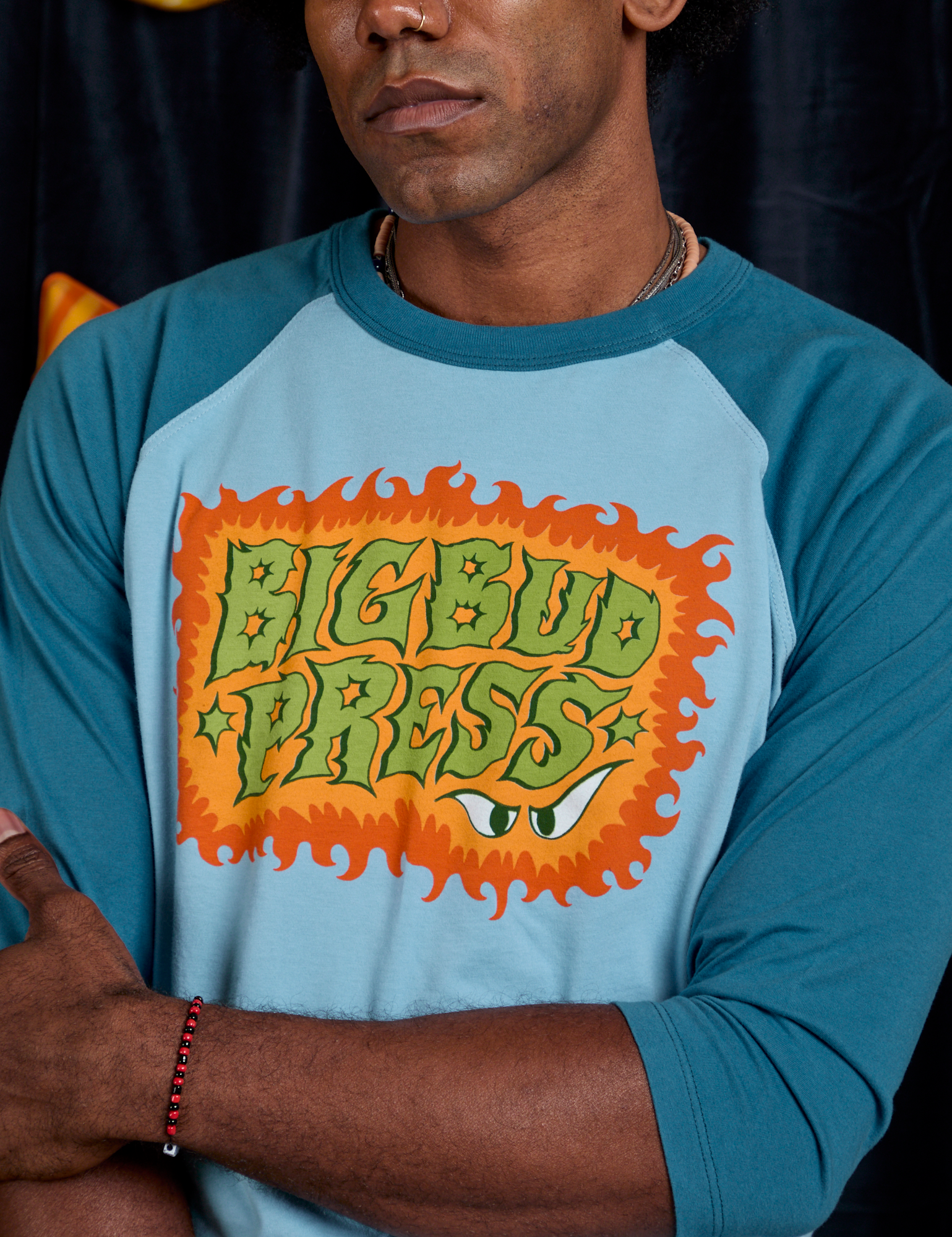 Front close up of Raglan Tee in Haunted BBP on Jerrod