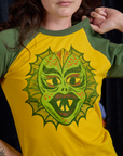 Front close up of Raglan Tee in Creature on Alex