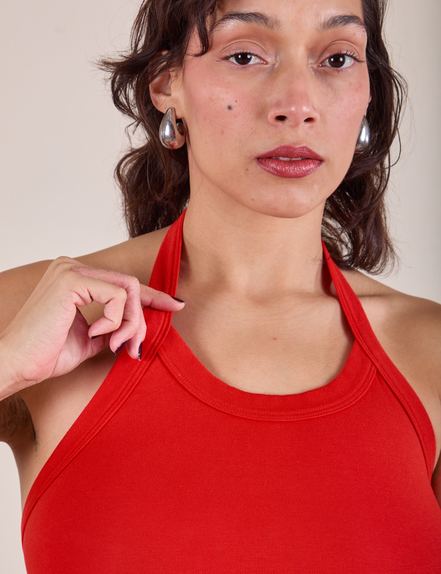 Halter Top in Mustang Red front close up on Tiara